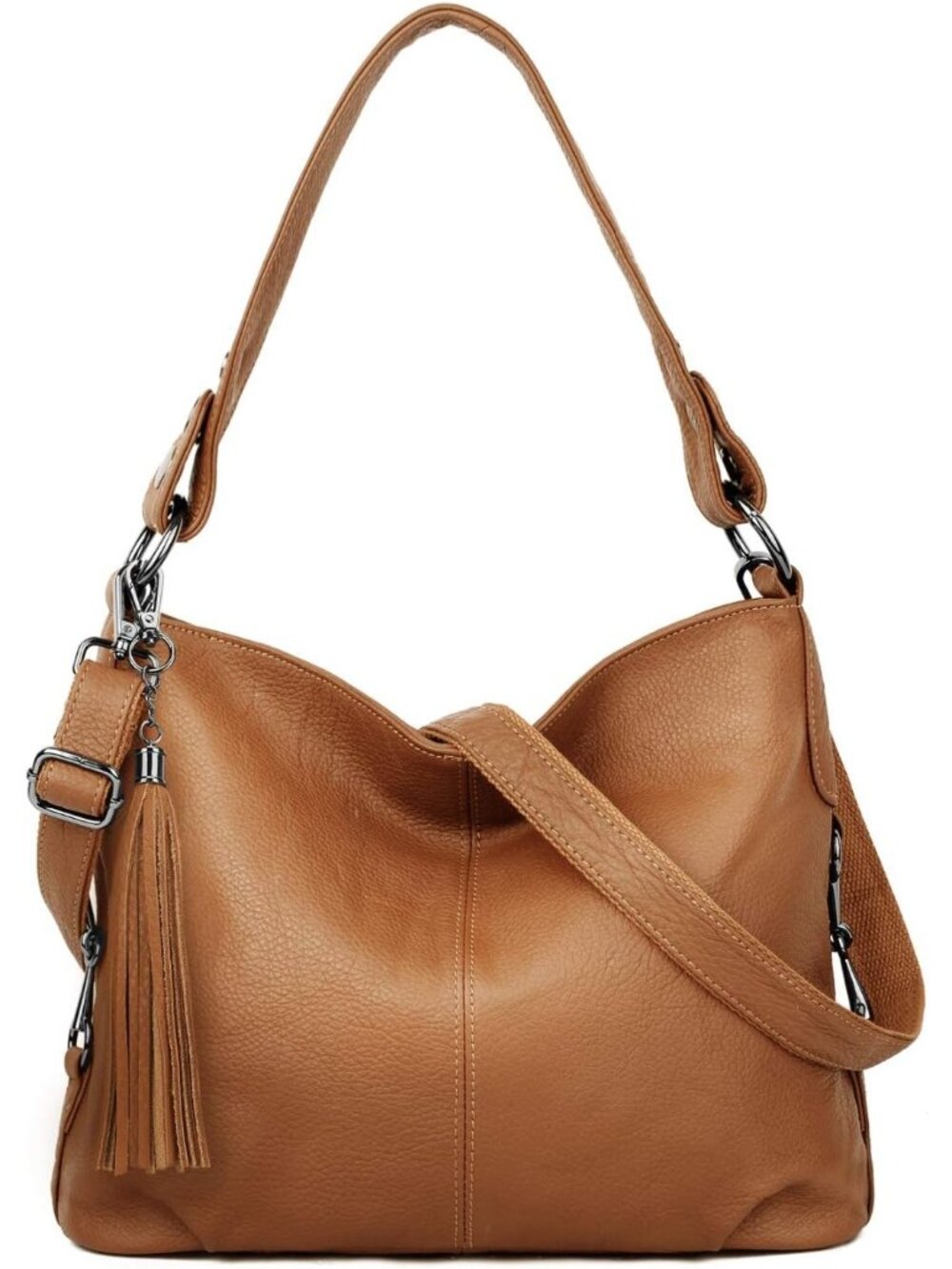 Women's Brown Tassel Genuine Leather Slouchy Purse Crossbody Bag Zipper Pocket